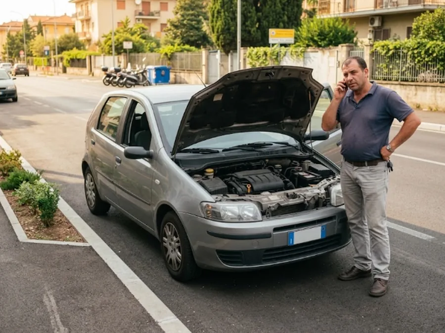 Un automobilista in panne a bordo strada telefona all'officina